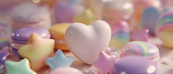 Elegant pastel candies and sweet treats including heart shaped confections and star shaped biscuits for celebration or dessert display