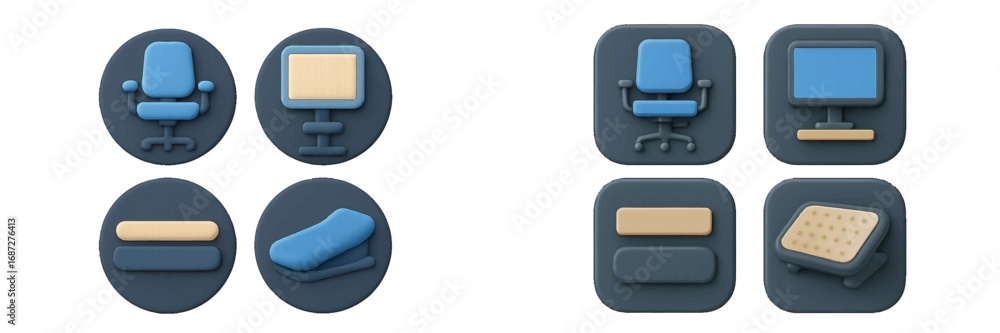 Poster 3d office icon set with computer monitor, ergonomic chair, and desk elements for modern user interfa
