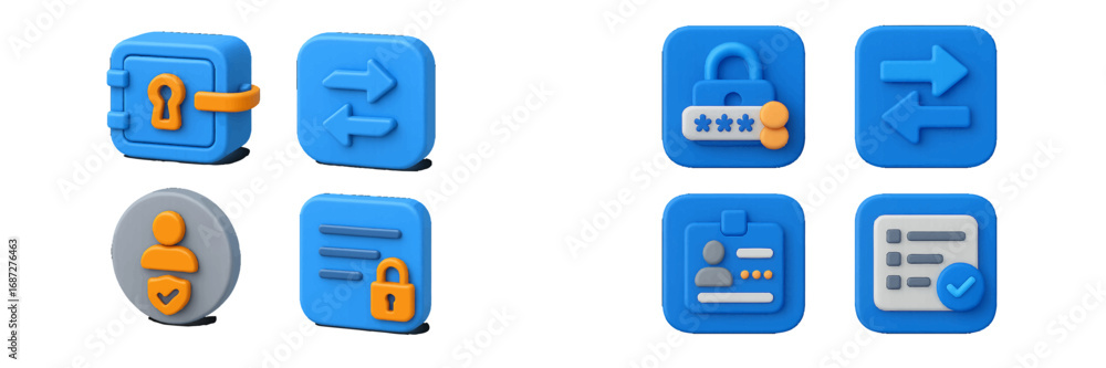 Poster set of 3d icons for cybersecurity and data protection concepts like user authentication, secure logi