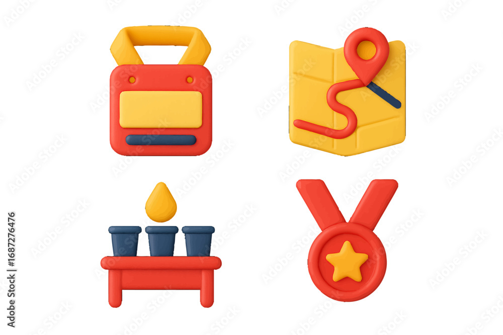 Poster set of 3d icons featuring a badge, navigation map, planting pots, and a star medal for user interfac