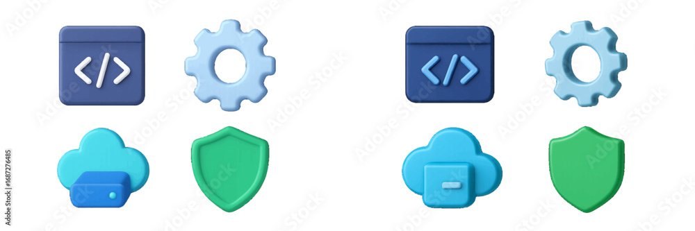 Poster 3d icon set for technology and software development with symbols for coding, cloud storage, security