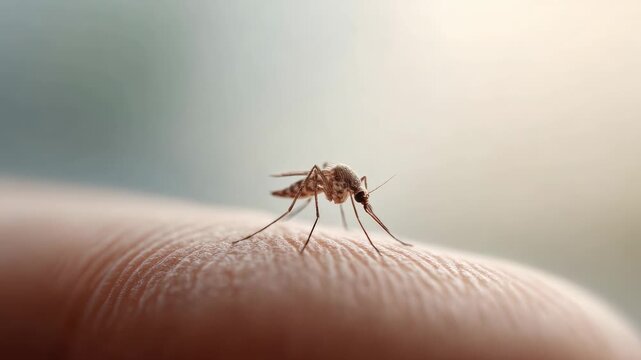 Bloodsucking mosquito perching on human skin, preparing to feed and potentially transmitting dangerous tropical diseases including malaria, dengue fever, and zika virus