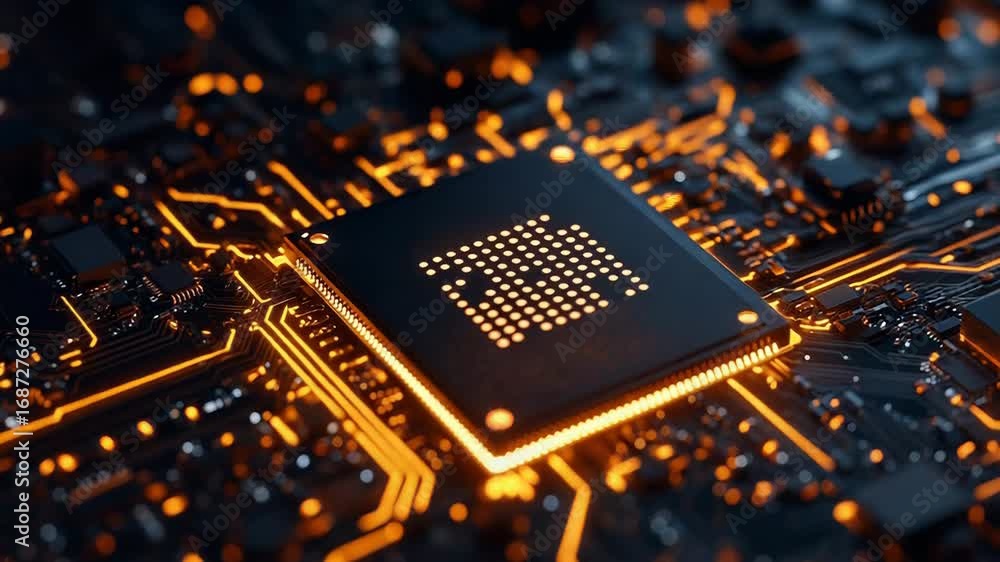 Poster cpu processing data on motherboard with orange circuits