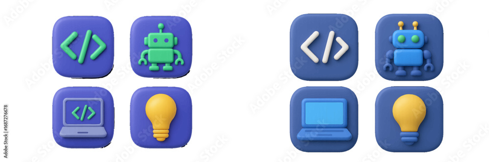 Poster 3d icons for technology, programming, ai, and web design with robot, code, laptop, and lightbulb