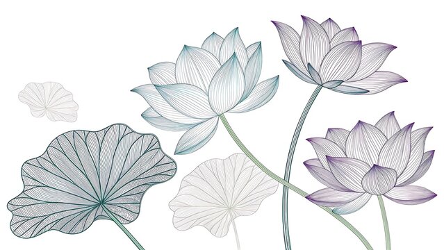 Ai generated image of artistic drawing of lotus leaves in muted green grey and purple minimal line art