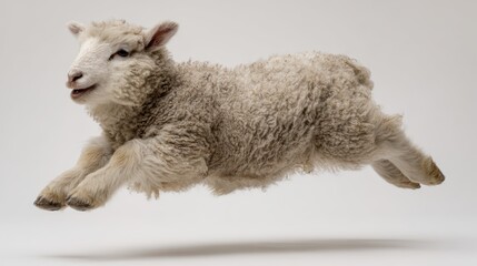 Obraz premium Cute fluffy baby goat in mid-jump displaying playful energy and adorable curiosity with soft woolly coat and expressive face
