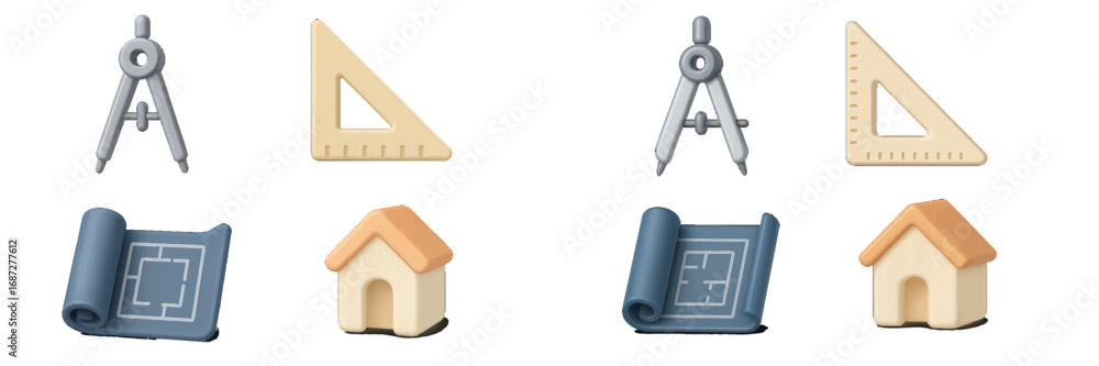 Poster architectural tools and house blueprints with drafting compass and triangle ruler icons