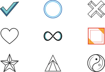 Nine simple graphic icons checkmark heart infinity symbol star triangle yin yang