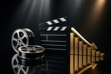 Film reel and cinema clapperboard with falling bar graph on reflective stage