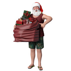 3D rendered Santa Claus with shorts and flip flops standing with a sack full of Christmas presents,  isolated on transparent background.