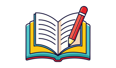 Open book with a red pencil on a white background