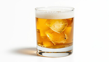 A chilled beverage with ice cubes sits in a clear glass, radiating a golden hue. Its frothy top adds a refreshing touch, ideal for warm weather gatherings or relaxing moments