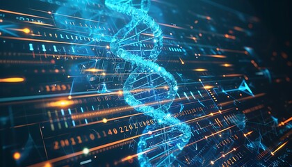 A glowing digital representation of a DNA double helix intertwined with data streams.