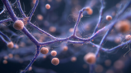 Streptomyces bacteria, generative ai illustration. Filamentous, spore-forming bacteria known for producing antibiotics and causing rare human infections