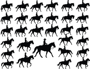 Multiple silhouettes of cowboys riding horses in various poses, western style cowboy riding collection, vector black isolated illustration