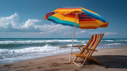 A single, tall beach chair under a large, shady palm tree, with a book resting on the seat