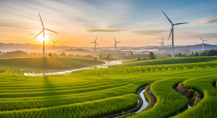 Picturesque rice terraces meeting renewable energy with wind turbines during sunset