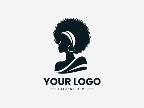 African woman silhouette vector logo with natural afro hairstyle headwrap and earrings