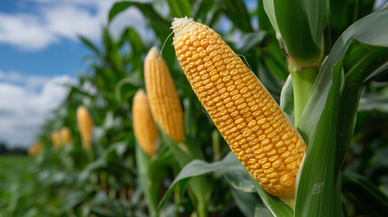 Agricultural crop concept with fresh corn in farmland