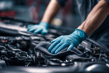 Mechanic cleaning car engine with cloth and gloves auto repair maintenance detail