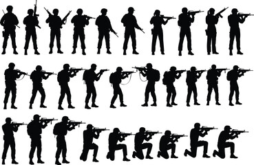 Silhouettes of Armed Soldiers in Various Combat and Shooting Poses for Military, Tactical, Defense, War, Security, and Training Concepts