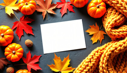 Luxury Autumn Greeting Card Flat Lay Vibrant Fall Leaves, Pumpkins & Cozy Knit Scarf on Dark Background