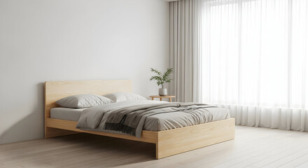 Minimalist bedroom interior with wooden bed frame and soft natural light creates a calming