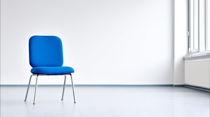 Blue chair positioned in a minimalist room with white walls and large windows, creating a bright and airy atmosphere, ideal for modern interior design concepts