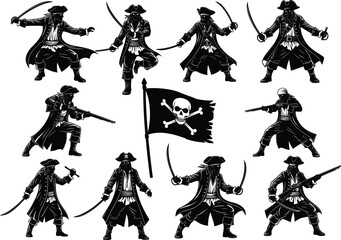 Silhouettes of Pirates with Swords, Guns, and Pirate Flag in Action Poses for Adventure, Fantasy, and Historical Themed Designs