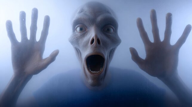 A man with a monster face is looking at the camera through a window. The image has a creepy and unsettling mood, as the monster's eyes are wide open and staring directly at the viewer