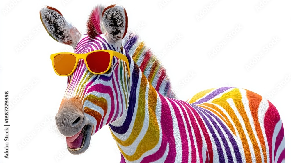 Poster a zebra with rainbow stripes and sunglasses on its face. the zebra is smiling and he is enjoying the