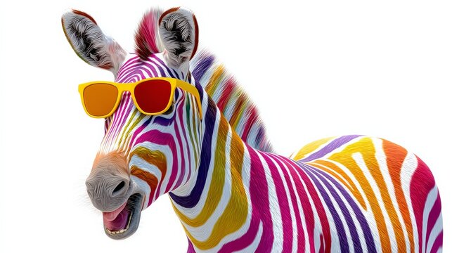 A zebra with rainbow stripes and sunglasses on its face. The zebra is smiling and he is enjoying the attention