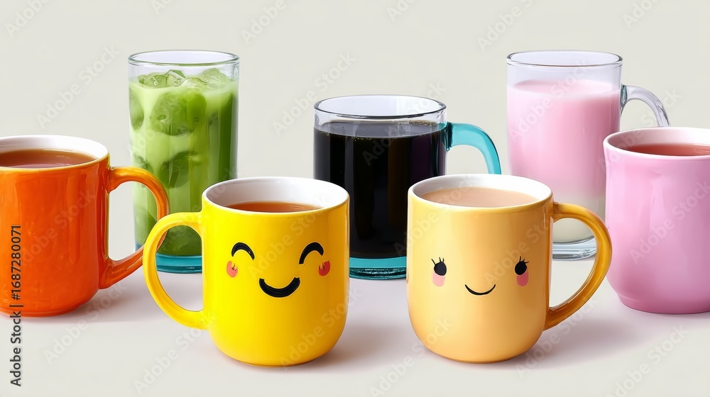 Poster a row of cups with smiling faces on them. the cups are arranged in a row, with some cups being talle