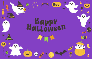 Cute Halloween Ghost Vector Set with Pumpkins, Bats, and Haunted Castle for banner and poster for happy halloween card