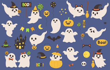 Cute Halloween Ghosts with Pumpkin Witch Hat and Spooky Castle in flat design