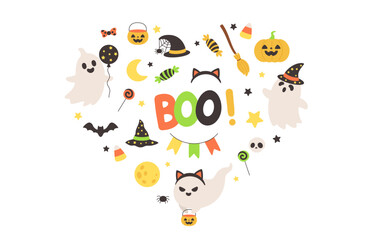 Halloween Ghost Elements Set with Boo Text Pumpkin and Witch Hat arrange as heart shape