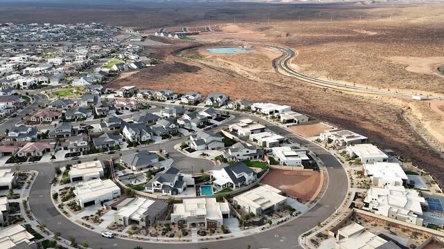 Drone view of a circular residential neighborhood in St George, Utah desert