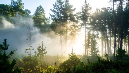 Obraz premium Sunlit Misty Forest Scene