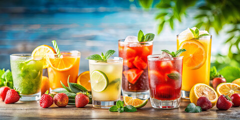 Fototapeta premium A variety of colorful summer drinks, including fruity cocktails and mocktails, are arranged on a wooden table. Fresh fruits and mint add to the outdoor ambiance
