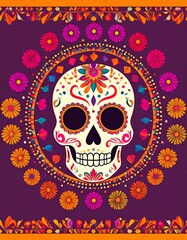 Sugar Skull Design/Floral Frame/Purple Background