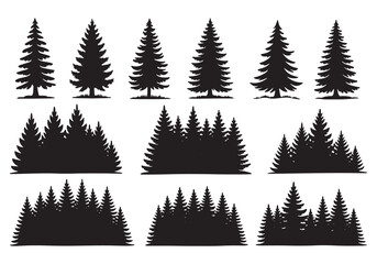 Obraz premium Collection of silhouette evergreen pine trees forest nature landscape elements for design white background