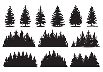 Fototapeta premium Collection of detailed evergreen pine trees silhouettes for nature forest scenes and design projects white background