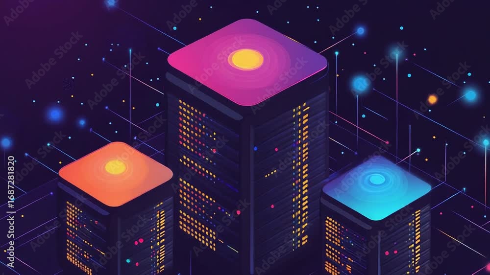 Poster server towers transferring data with futuristic connections in isometric view