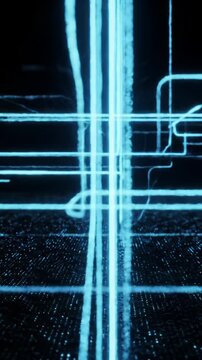 A hyper-luminous digital network of interconnected lines resembling neural pathways with blue and cyan light fills the frame on a velvet-black void, emphasizing secure connectivity.