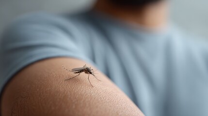 Obraz premium Mosquito standing on human skin preparing to bite and suck blood, transmitting various dangerous diseases like malaria, zika virus, dengue fever and other infections