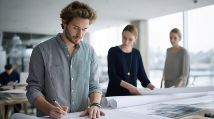 Designers work in a city, the creative scene illuminated by soft light. Designers, city, with copy space