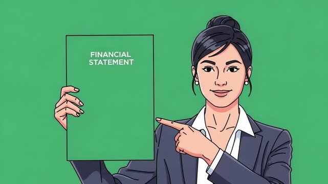 Animated businesswoman presents financial statement in cartoon style on green background for business presentation and explain yearly report