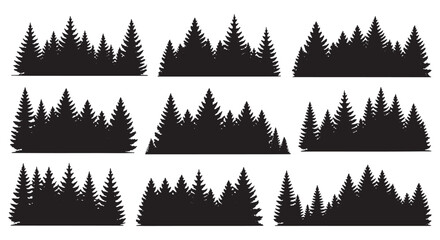 Collection of diverse pine tree forest silhouettes for nature and outdoor design themes white background