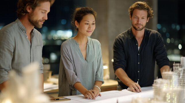 Designers work in a city, the creative scene illuminated by soft light. Designers, city, with copy space