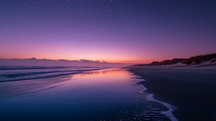 A serene beach at dusk, with a soft, purple and orange sky